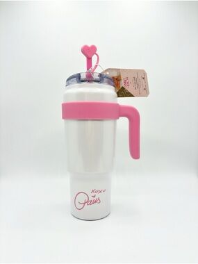 Paris Hilton White & Pink Insulated Travel Tumbler with Heart Stirrer